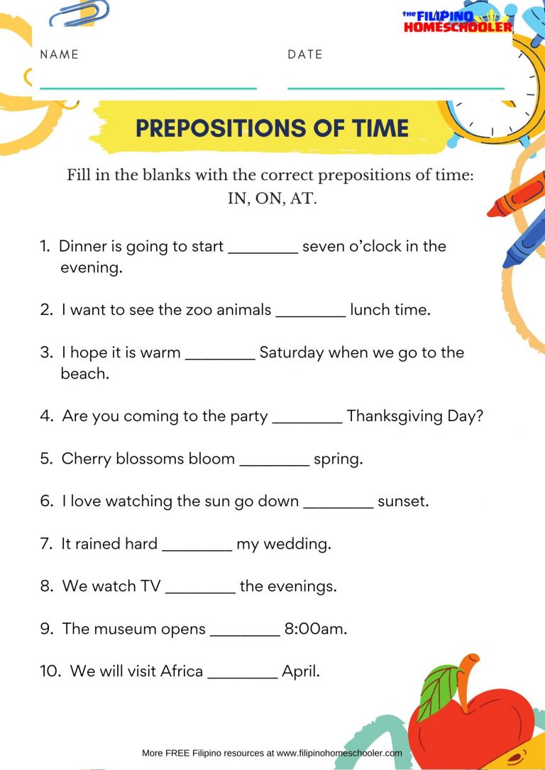 IN ON AT Prepositions Of Time Worksheet The Filipino Homeschooler