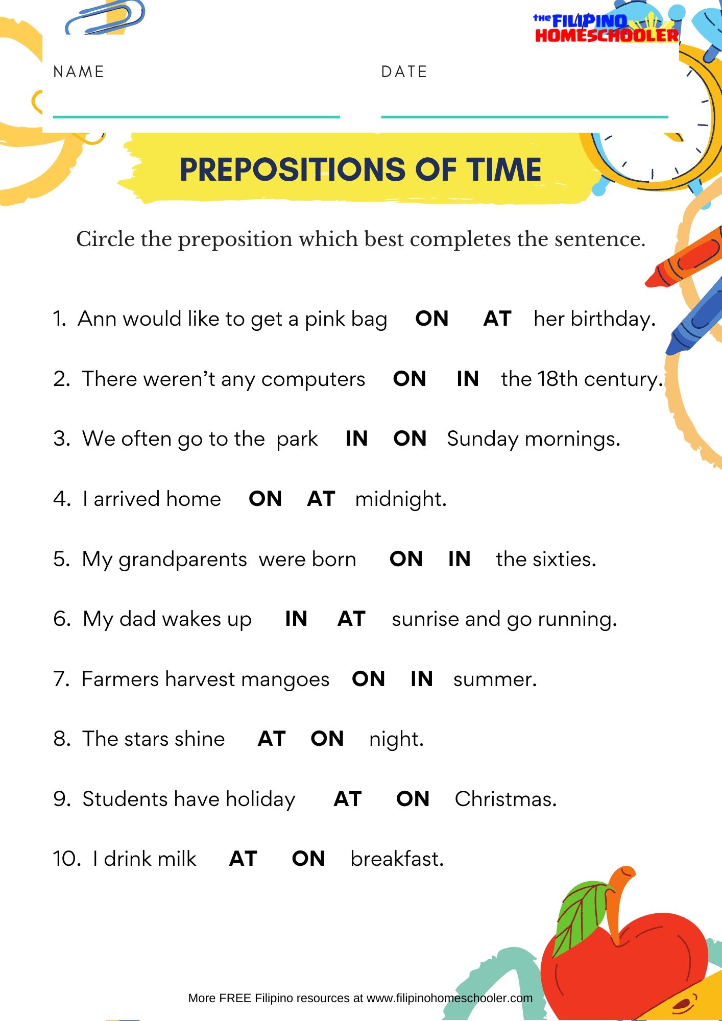 IN ON AT Prepositions Of Time Worksheet The Filipino Homeschooler