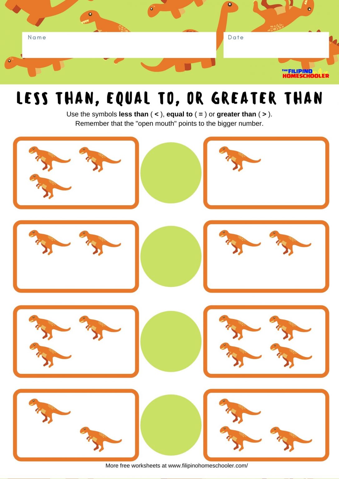 More Than, Less Than Dinosaur Worksheet — The Filipino Homeschooler