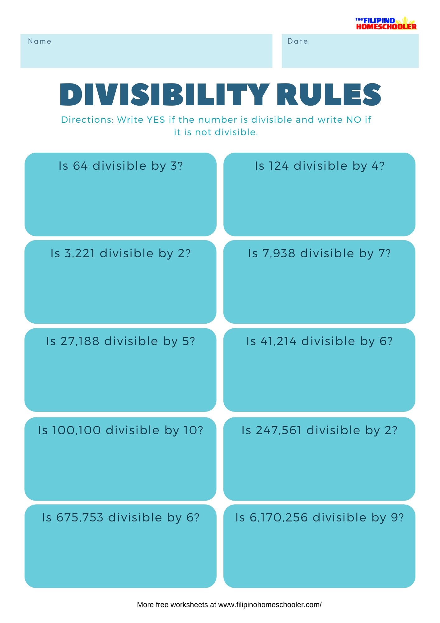 Divisibility Rules Worksheets (Set 1) — The Filipino Homeschooler