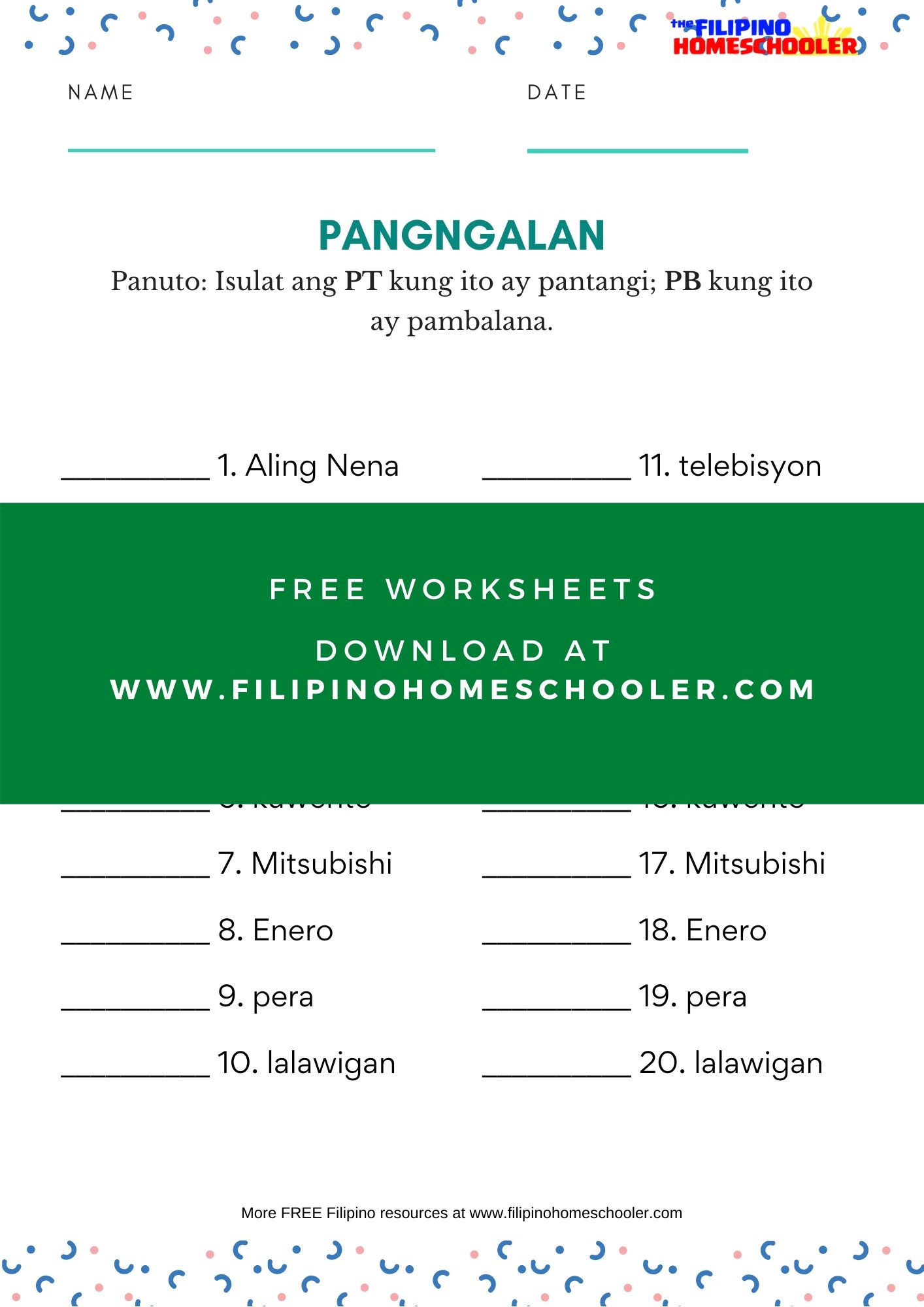 Mga Uri Ng Pangngalan Worksheets The Filipino Homeschooler