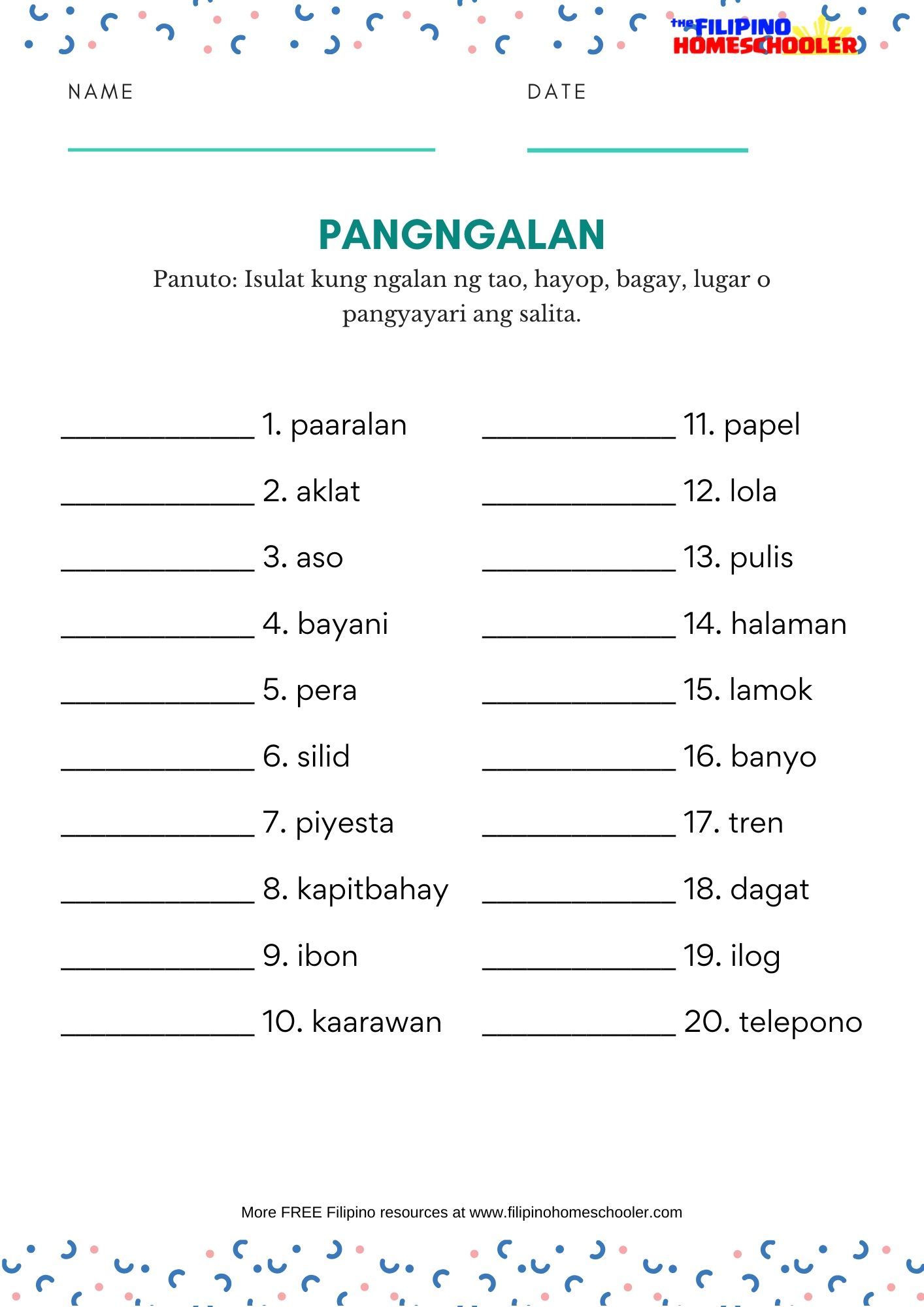 Mga Uri Ng Pangngalan Worksheets The Filipino Homeschooler