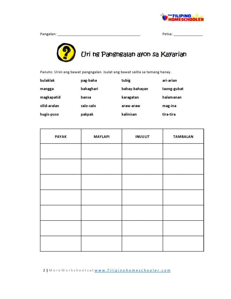 Kayarian ng Pangngalan Worksheets — The Filipino Homeschooler