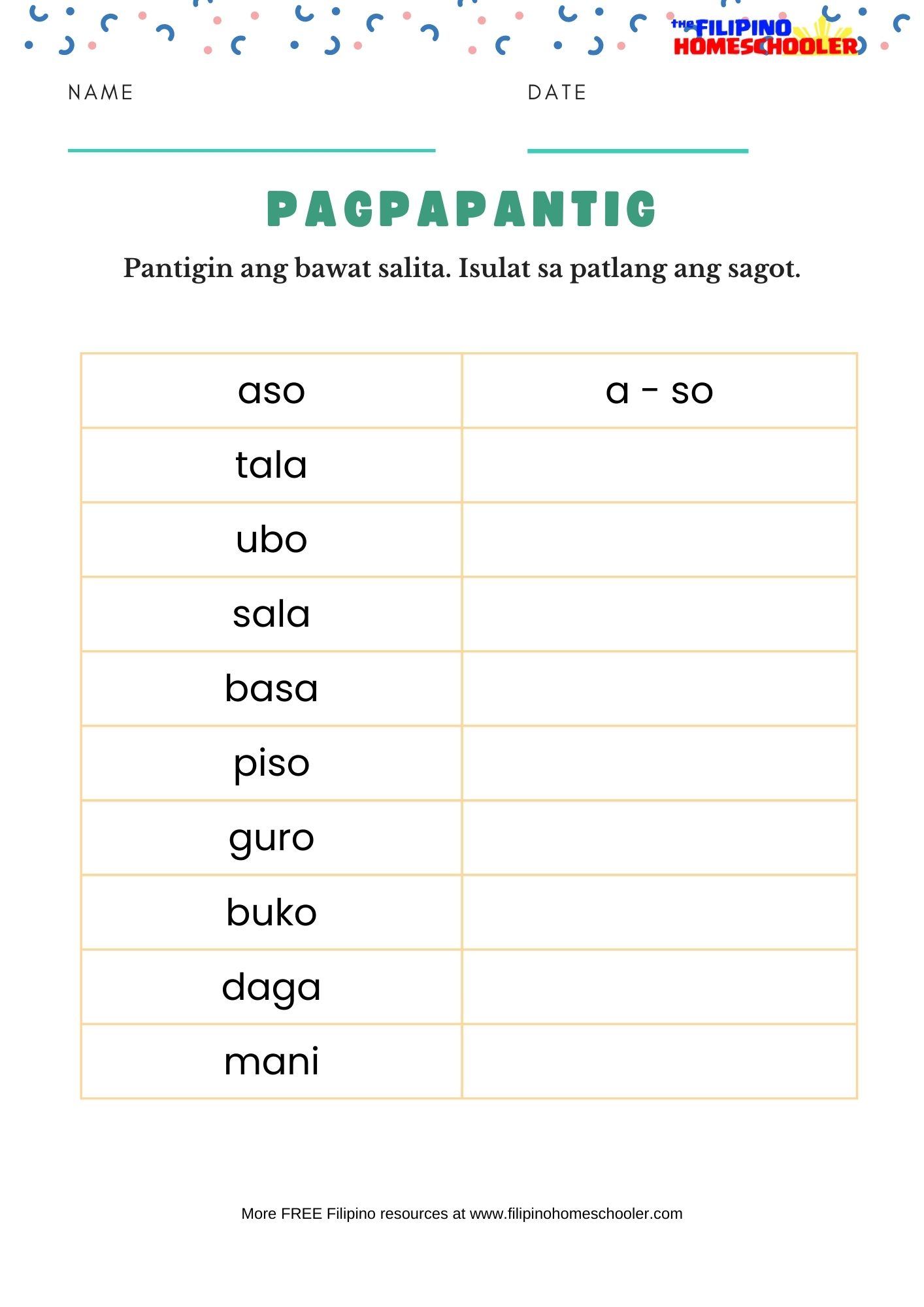 Pagpapantig FREE Filipino Worksheets Set 1 The Filipino Homeschooler