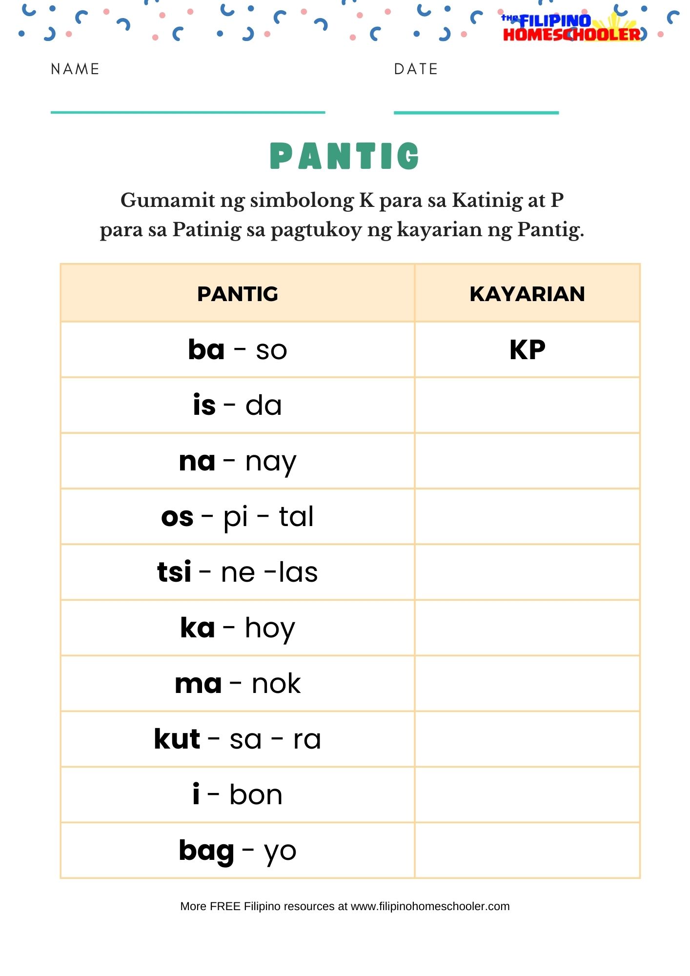 Pantig Free Filipino Worksheets — The Filipino Homeschooler 7850