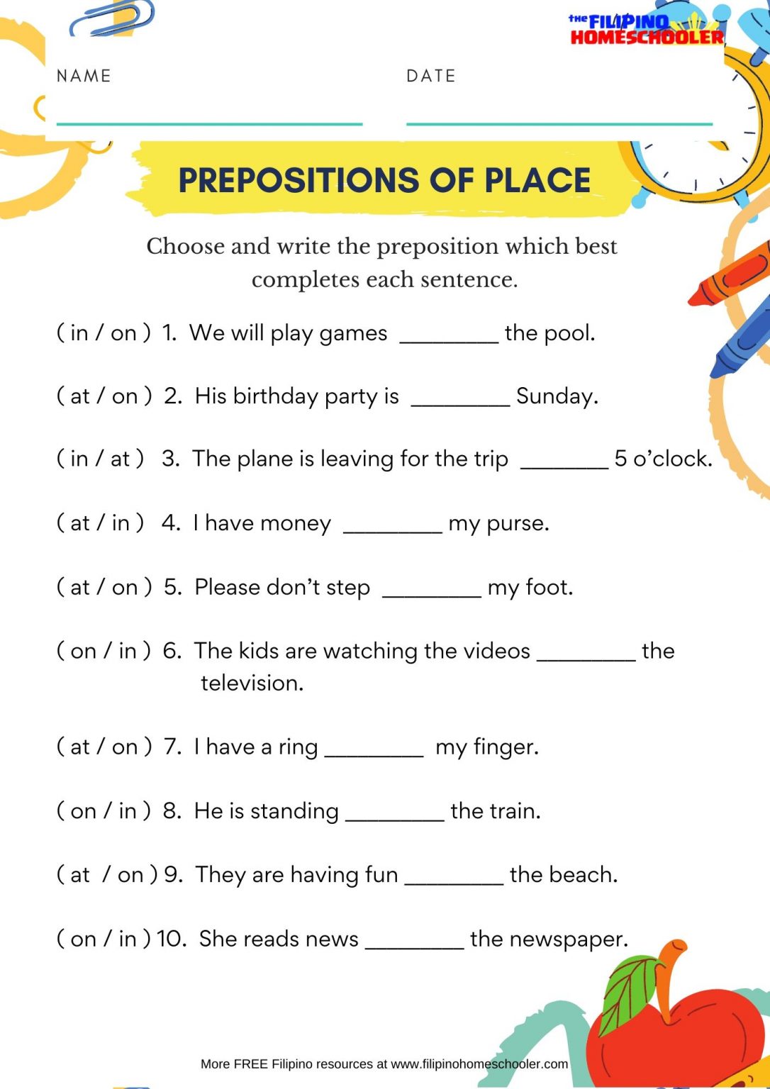 IN ON AT Prepositions Of Place Worksheet The Filipino Homeschooler