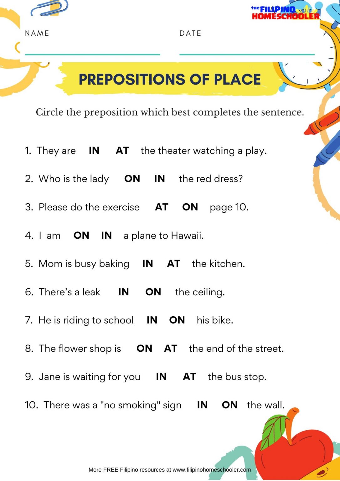 IN, ON, AT: Prepositions of Place Worksheet — The Filipino Homeschooler