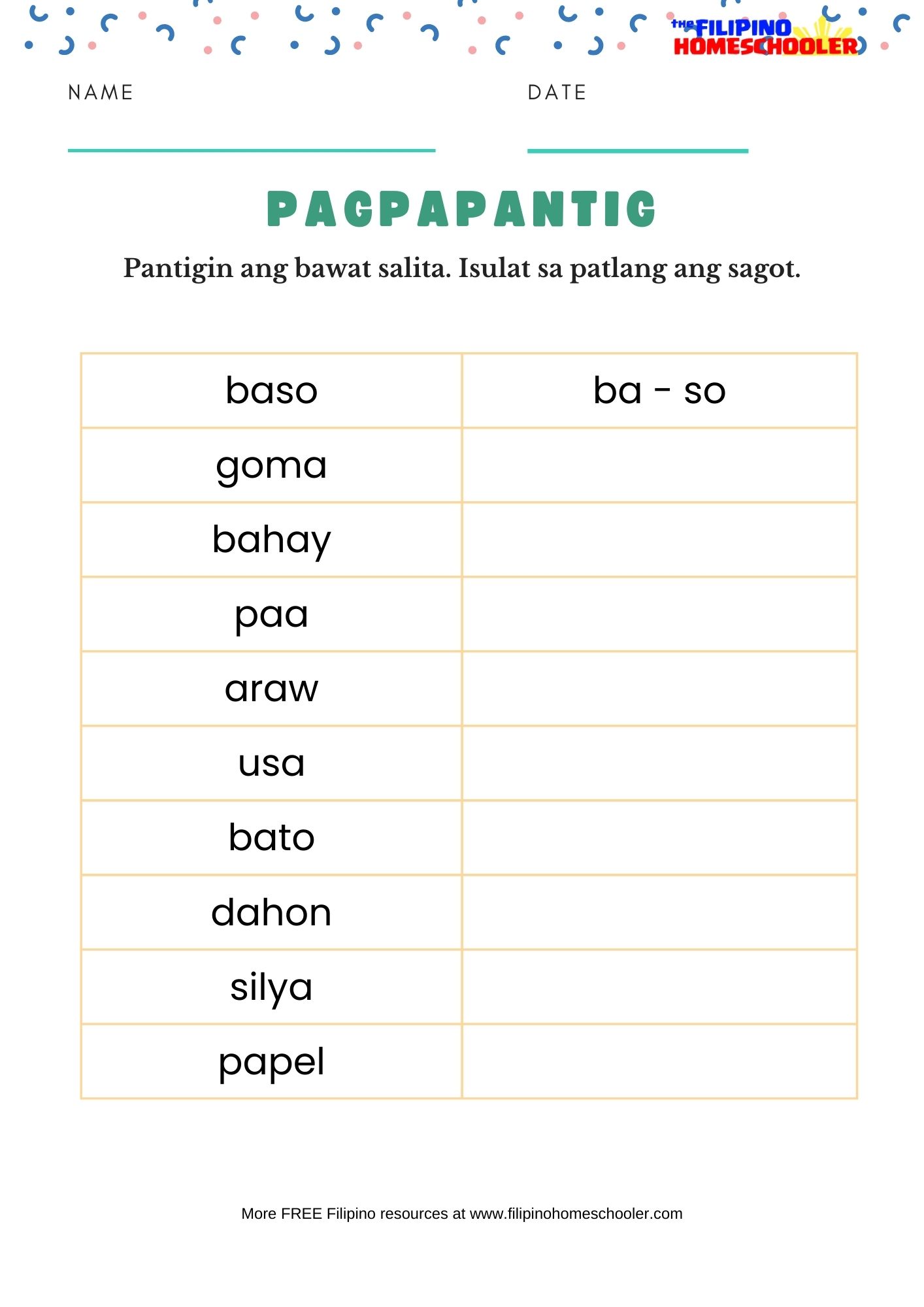 Pagpapantig FREE Filipino Worksheets (Set 1) — The Filipino Homeschooler