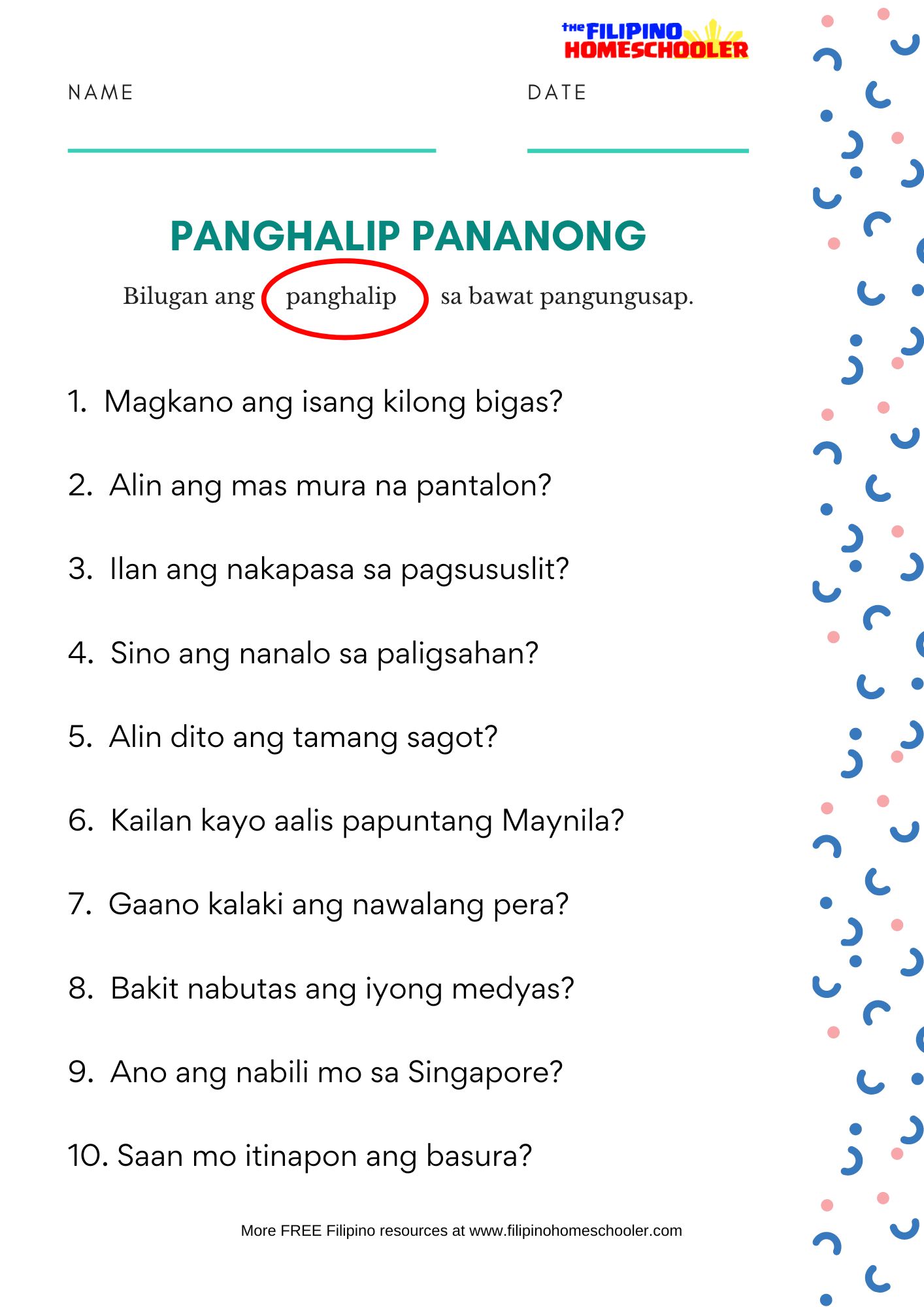 Panghalip Na Pananong Worksheet Grade 3